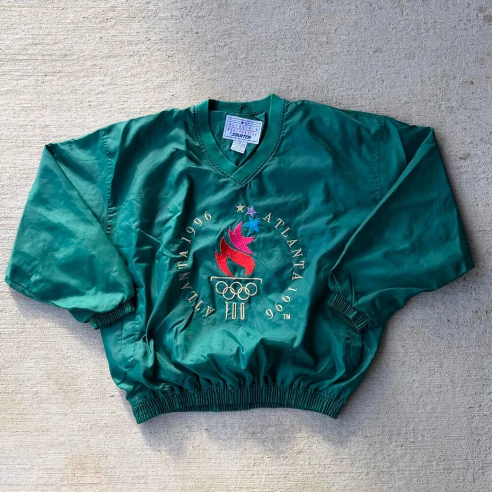 Vtg 1996 Atlanta Olympics Starter Nylon V-Neck Pullover Jacket Green Sz L
